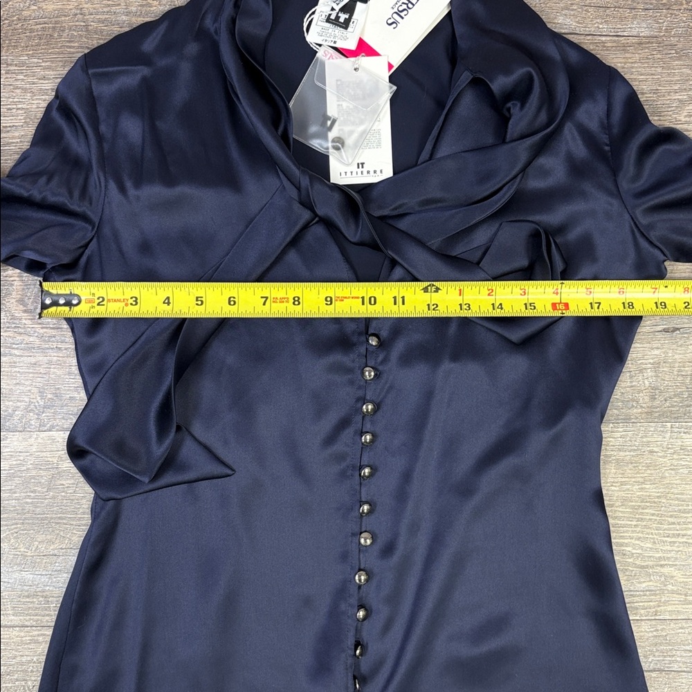 Versus Versace Navy Satin Bow Tie Button-Up Blouse - Picture 11 of 12